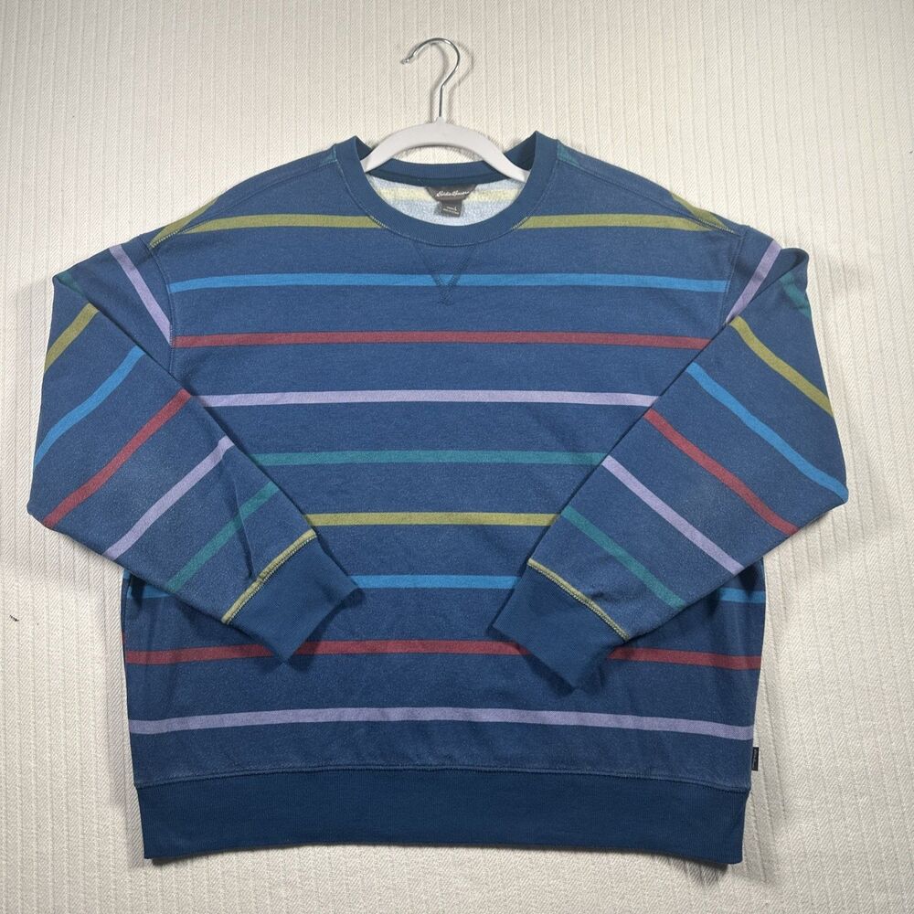Eddie Bauer Sweatshirt Womens Large Blue Multicolor Stripe Crewneck Pullover